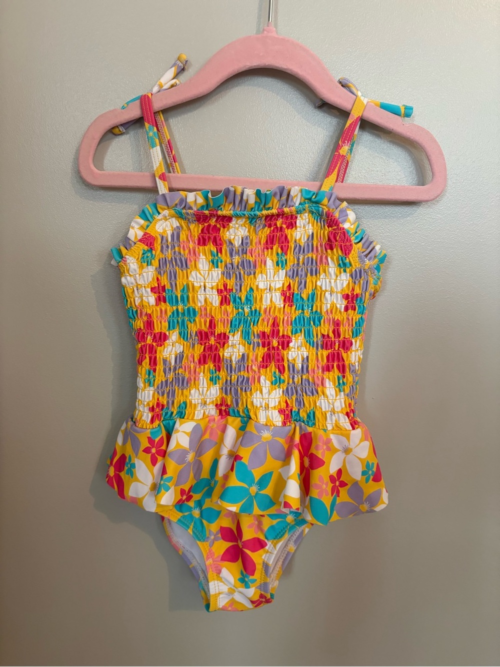 Ruffle Butts Pink Yellow Teal Floral Smocked One-Piece